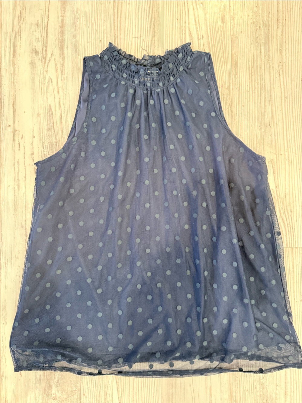 Sleeveless Navy Polka Dot Smocked Neck Blouse